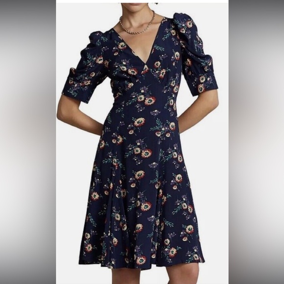 Polo Ralph Lauren Dahlia Floral Print Dress Navy SZ 4 NEW - Picture 1 of 4